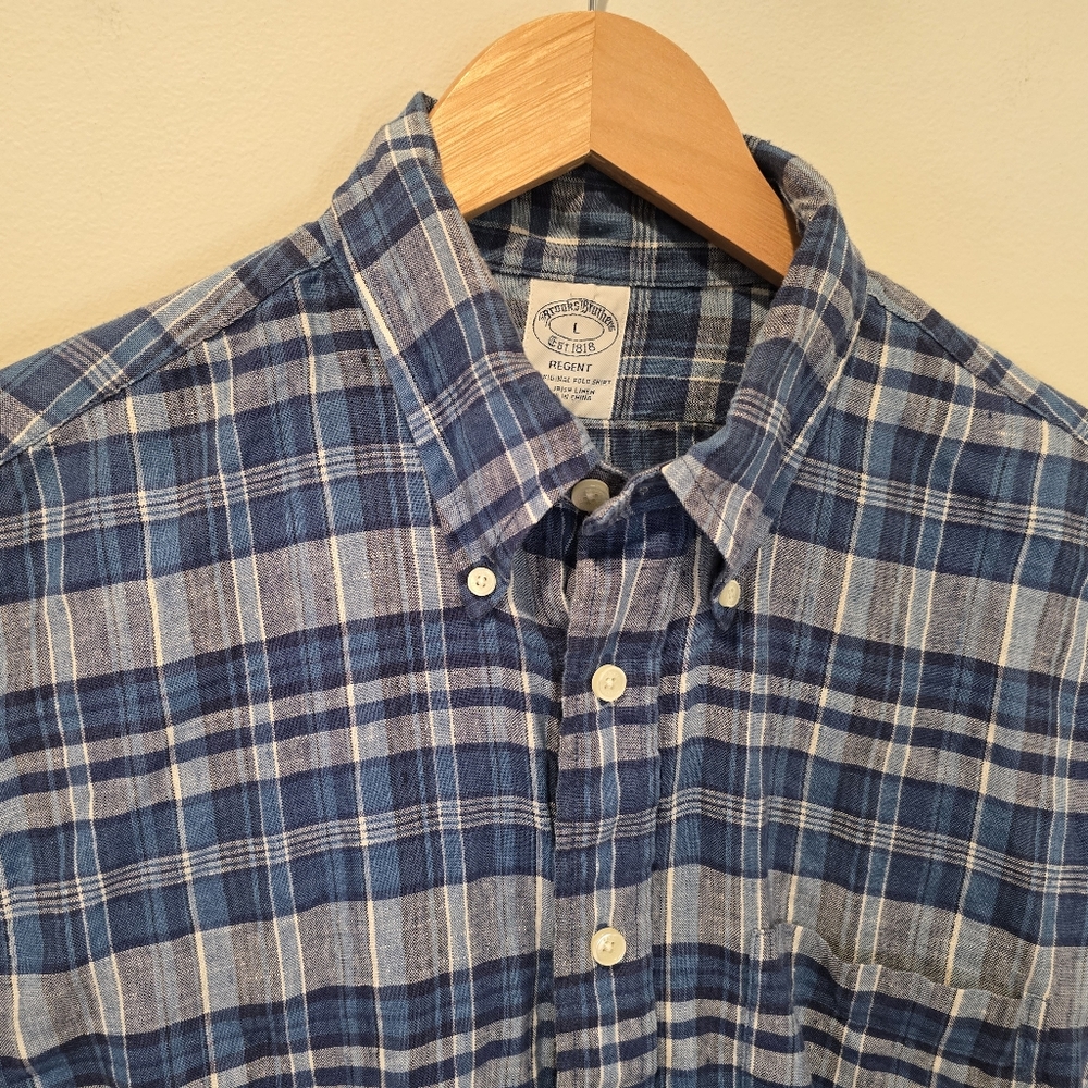 BROOKS BROTHERS 100% Irish Linen Long Sleeve Blue Plaid Shirt - Men's Large